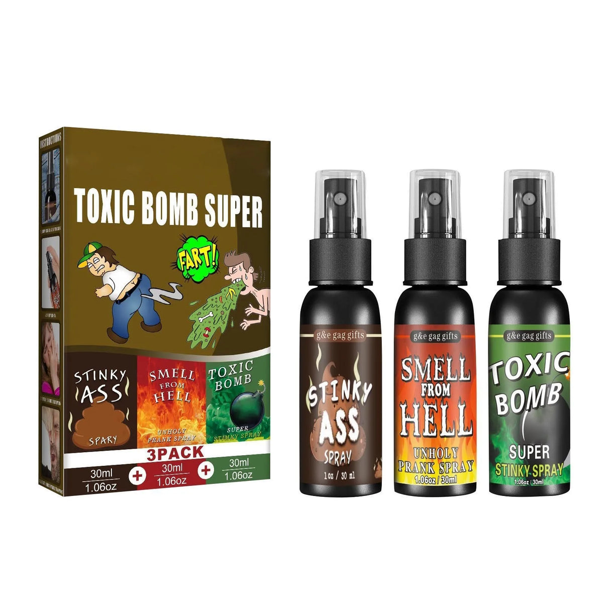 Fart Spray Novelty Liquid with Listed 30ml Pump-Action Bottle, Gag Gift Selection in A, B and C Single-Piece Labels or D Three-Piece Option