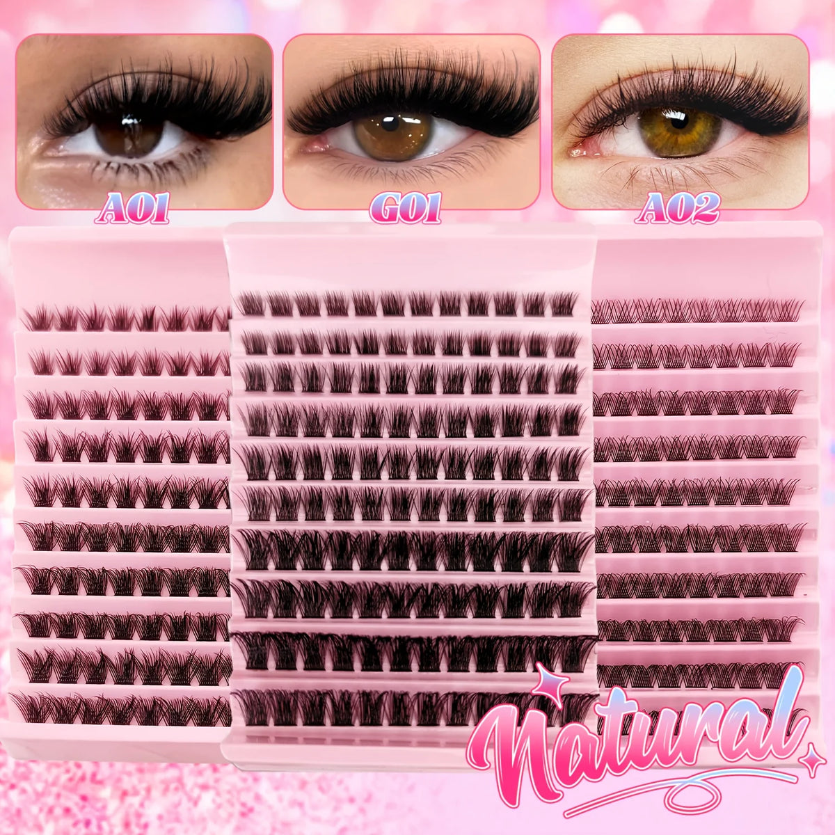 Natural Eyelash Cluster Set with D Curl, 8–16mm Mixed Lengths and 0.07mm Thickness, Reusable False Lashes with Soft Bands in G01, A01 or A02