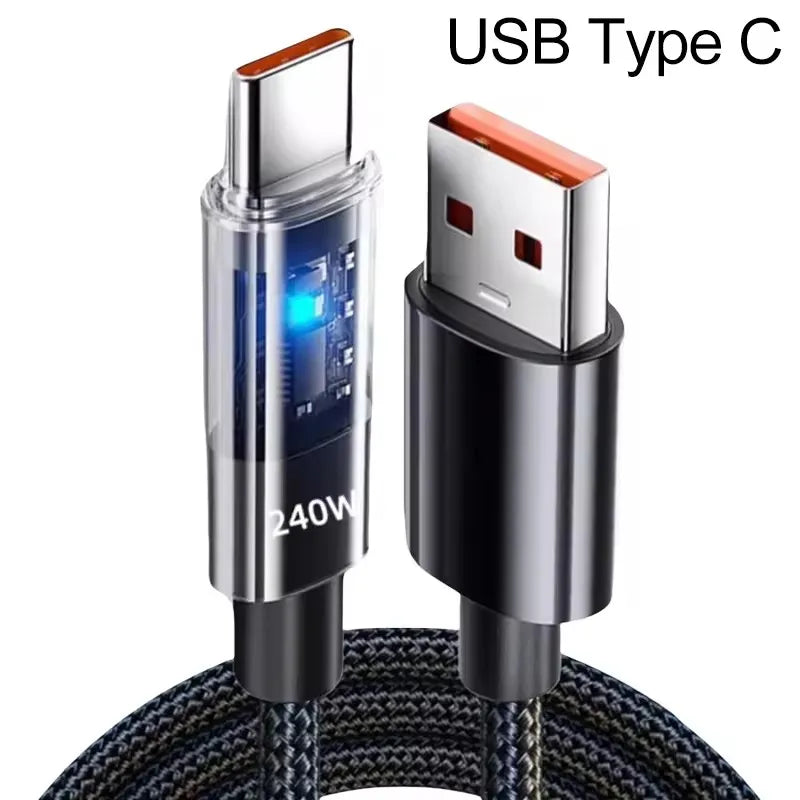 LED Display USB-C Charging Cable with Nylon Exterior, Dual Type C or USB Type C Options in 0.25m to 2m Lengths for Compatible Devices, Listed 240W Reference