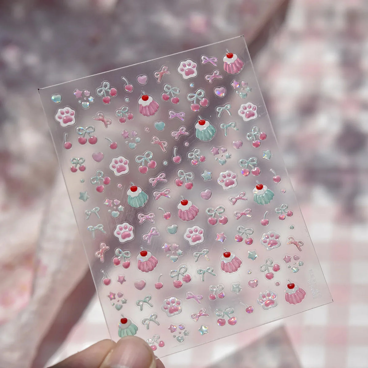 Jelly Nail Art Stickers with Cat Claw, Cherry and Bow Themes, Shiny 5D Self-Adhesive Nail Decals in TO5082 or TO5083 Styles for DIY Manicures