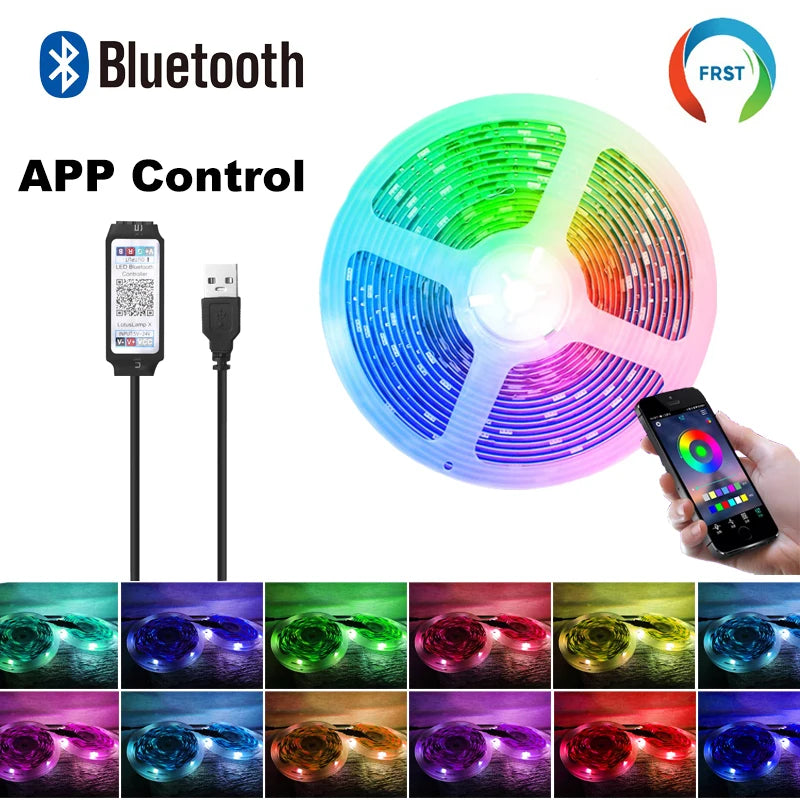 SMD 5050 RGB Bluetooth Light Strip with 5V USB Power, App-Only or 24-Key and 44-Key Remote Options in Six Lengths for Dry Indoor TV and Room Accent Decor
