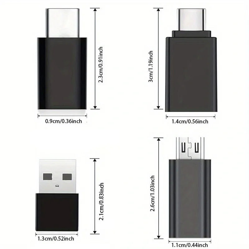 USB-C Adapter Assortment in Black with USB and Micro USB Connector References, Portable Connection Accessories for Compatible Laptop, Car and Travel Setups