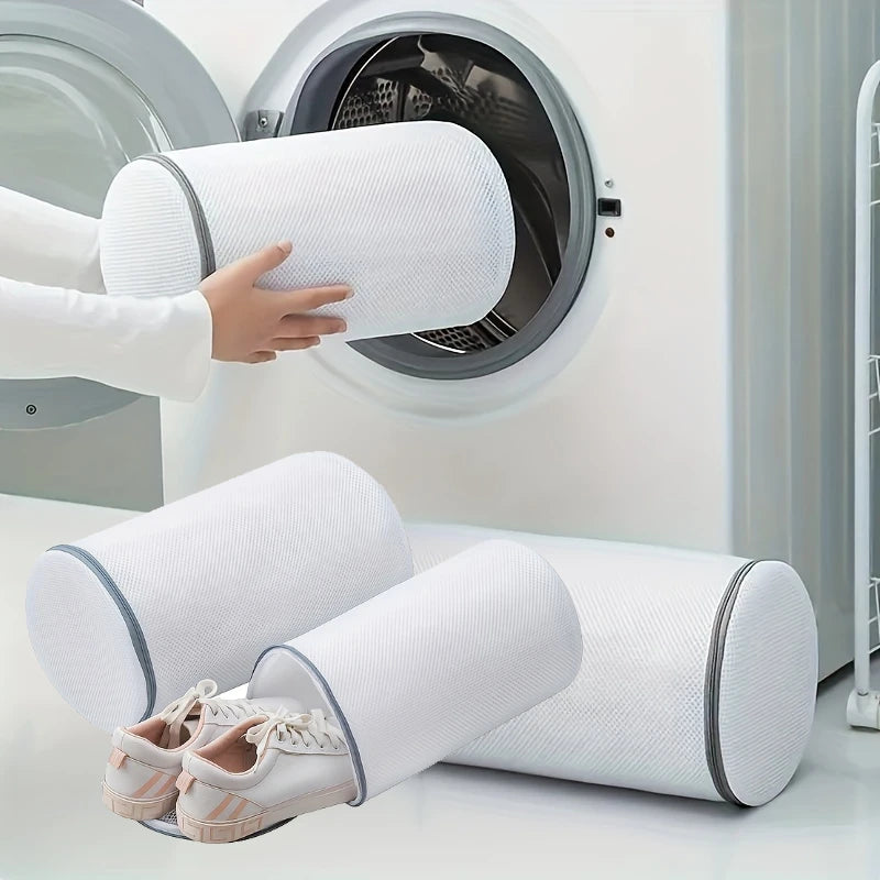 White Mesh Shoe Washing Bag with Zipper Closure for Compatible Washable Sneakers, Running Shoes, Socks and Bras During Everyday Household Laundry Care