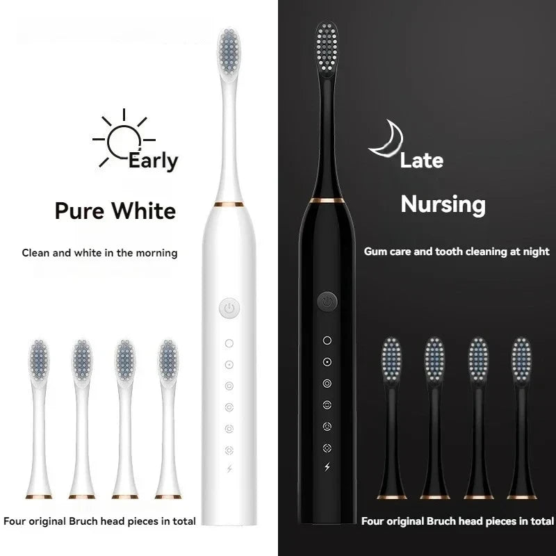 USB Rechargeable Electric Toothbrush for Adults, X3 Six-Mode Soft Bristle Brush with Two-Minute Cycle, 30-Second Reminders and Four-Head Option Labels