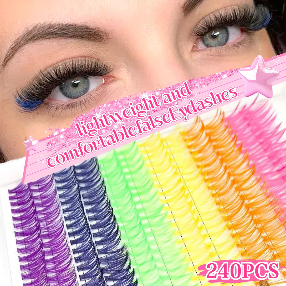 Color Mixed Lash Clusters, 12 and 30 Row Options with 345D and Wide Stem Styles for DIY False Eyelash Looks, Creative Eye Makeup and Occasions