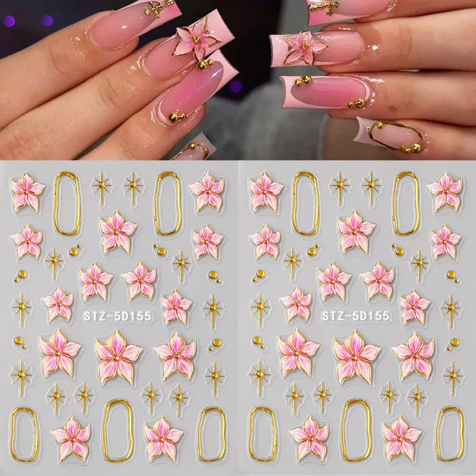 Hibiscus Flower Nail Stickers with Embossed Pink Floral and Golden Ring Details, 2-Piece 5D155 Self-Adhesive Decal Set for DIY Manicures and Party Nail Art