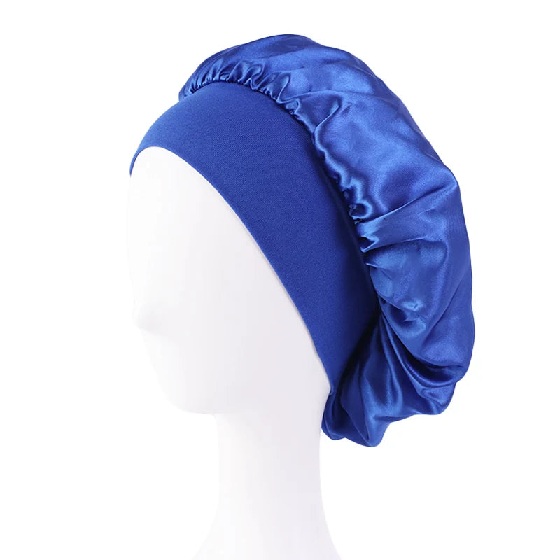 Wide Band Satin Sleep Bonnet with Listed Elastic Hair Wrap Design, Polyester Material Reference and Twenty-Eight Color Labels for Adult Nighttime Hair Styling