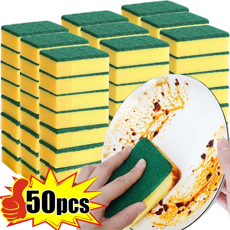 Yellow and Green Dish Sponges with Fiber Scouring Pads, Double-Sided Kitchen Cleaning Sponges in 10, 30 or 50-Piece Packs for Compatible Tableware and Pots
