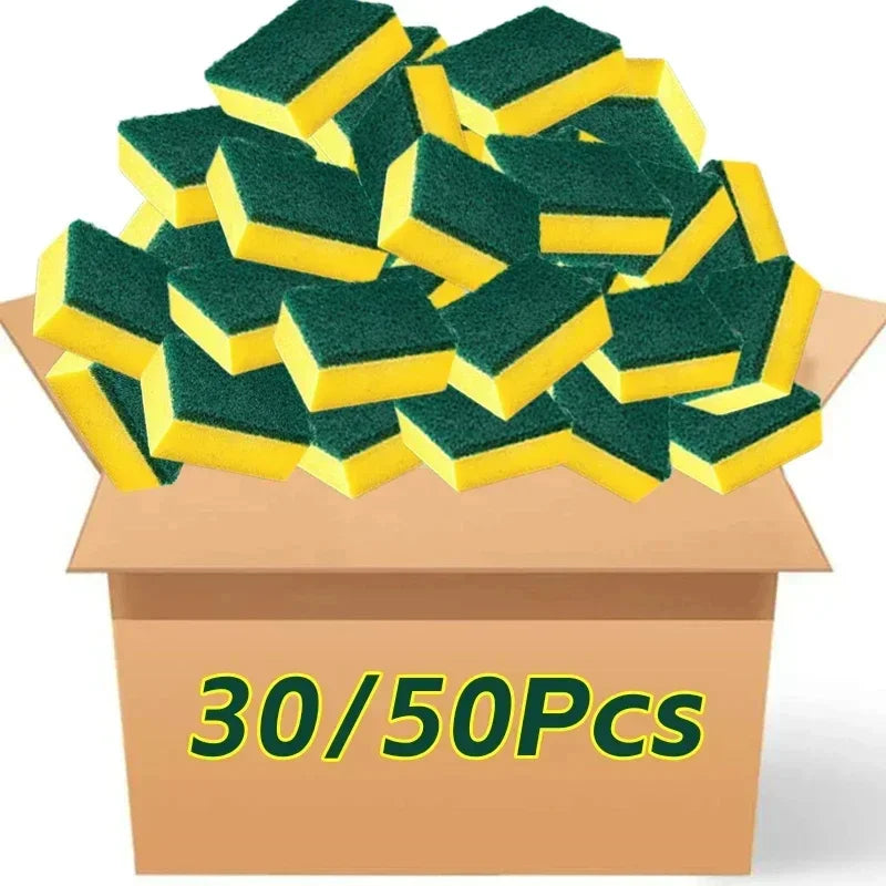Yellow and Green Dish Sponges with Fiber Scouring Pads, Double-Sided Kitchen Cleaning Sponges in 10, 30 or 50-Piece Packs for Compatible Tableware and Pots