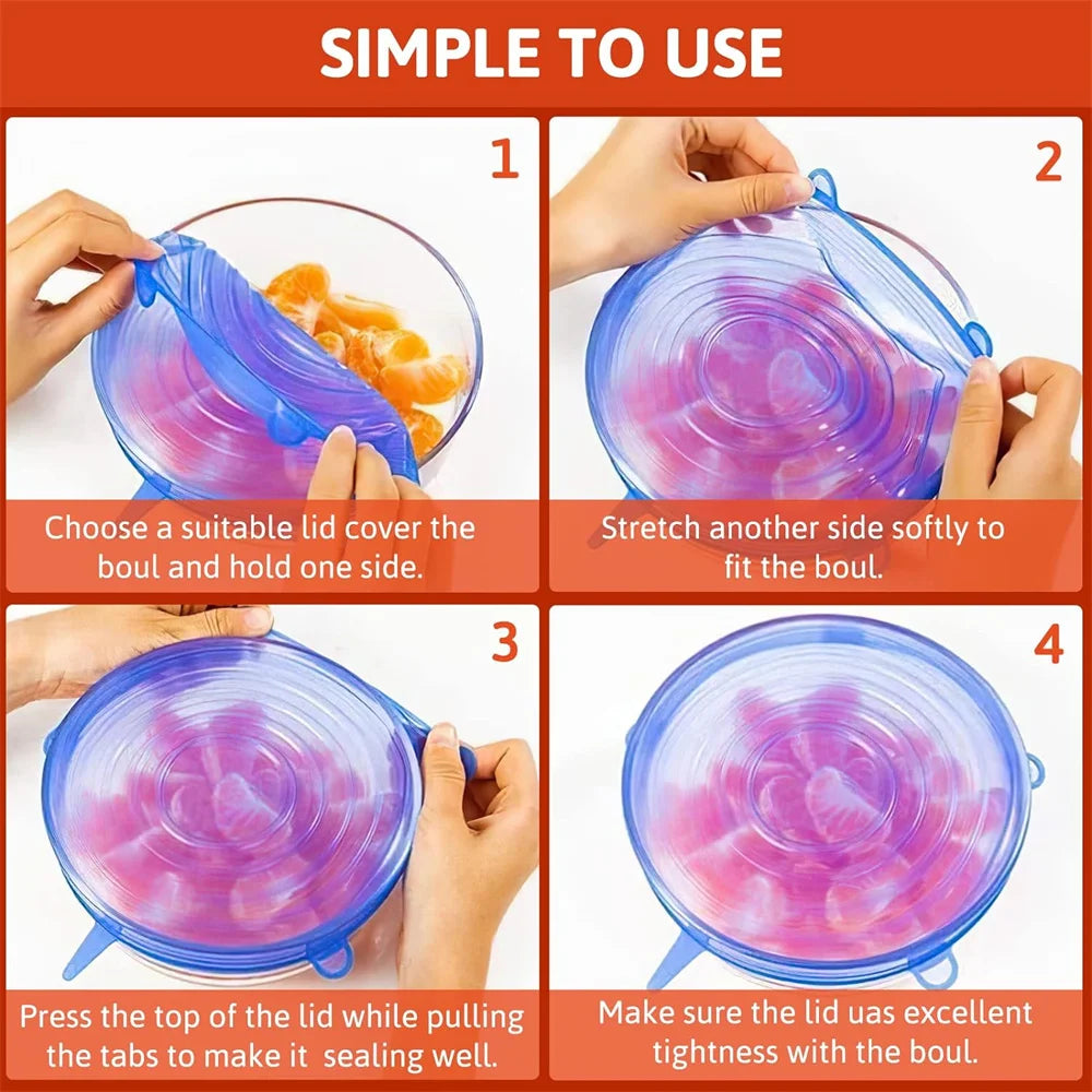 Round Stretch Food Covers Set of 6, Reusable Bowl and Dish Lids with Listed Sizes from 6 to 18cm in White, Blue, Yellow or Pink for Kitchen Storage