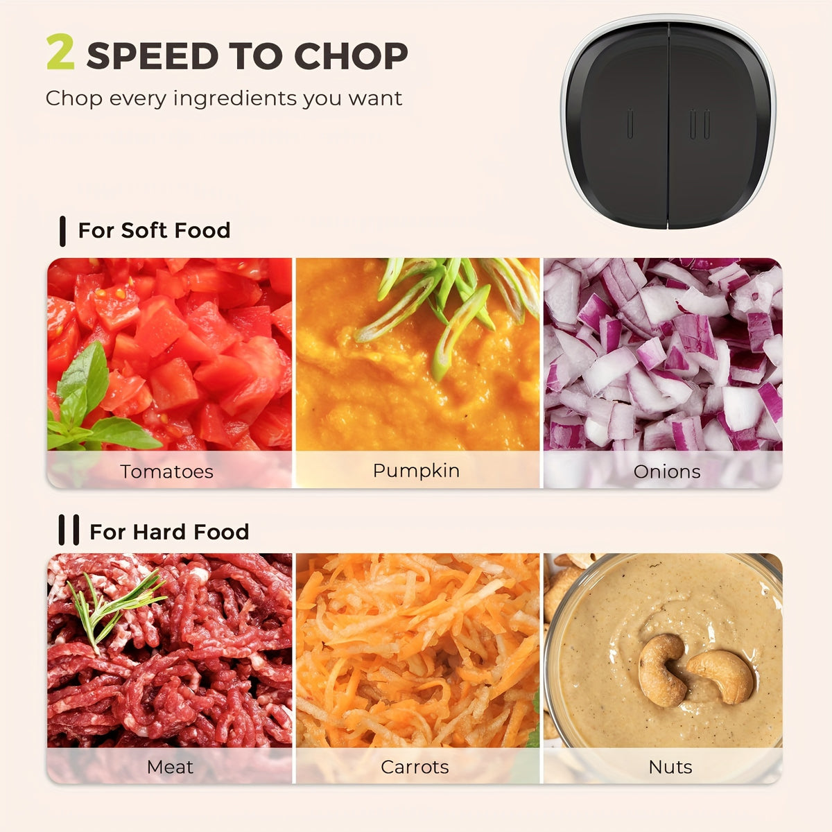 450W Two-Bowl Food Processor with Two Speed Settings and Four Bi-Level Blades, Electric Meat and Vegetable Chopper for Onions and Everyday Meal Prep