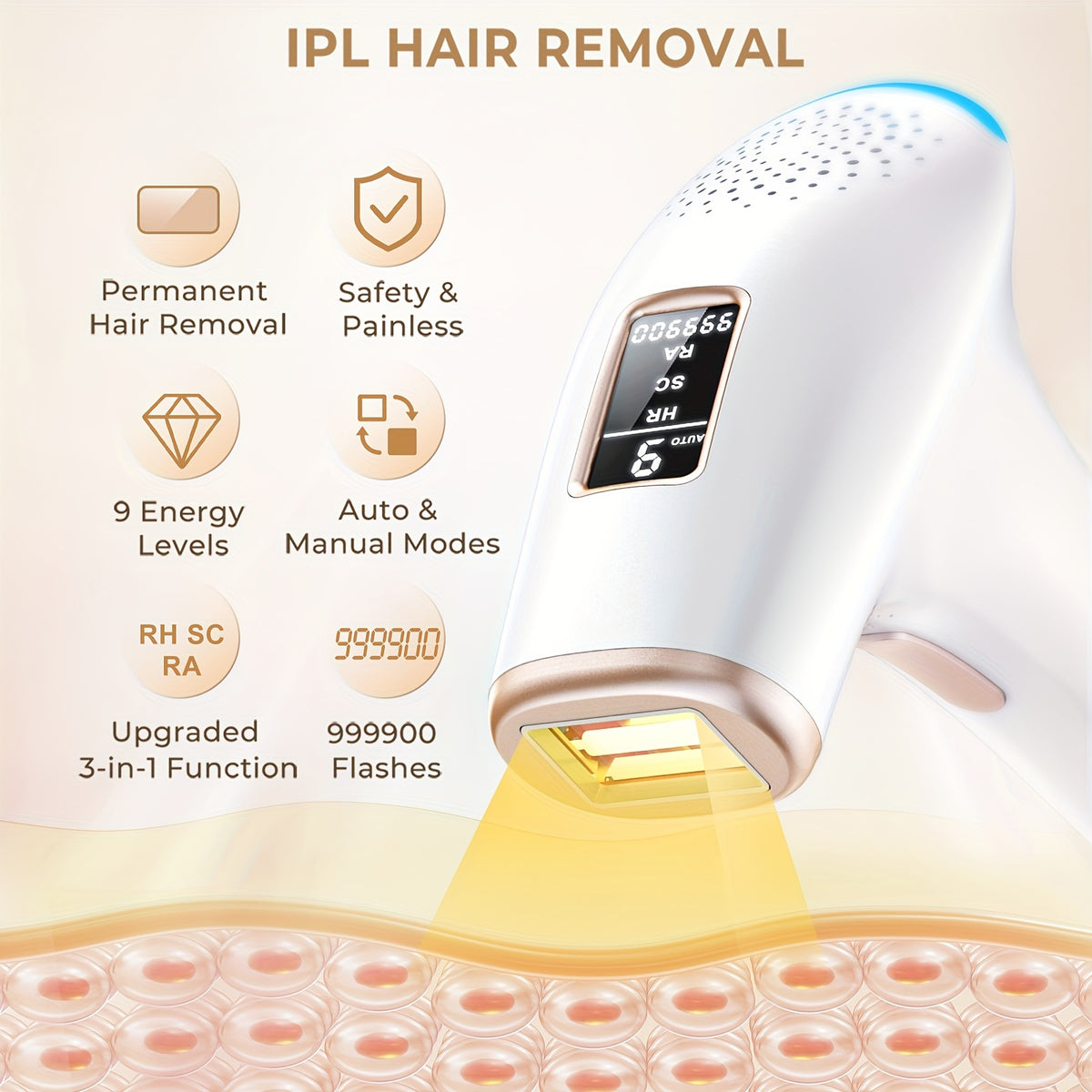 IPL Hair Removal Device with Nine Adjustable Intensity Levels, Listed 5cm² Light Window and Manual or Automatic Operation in White for At-Home Beauty Routines