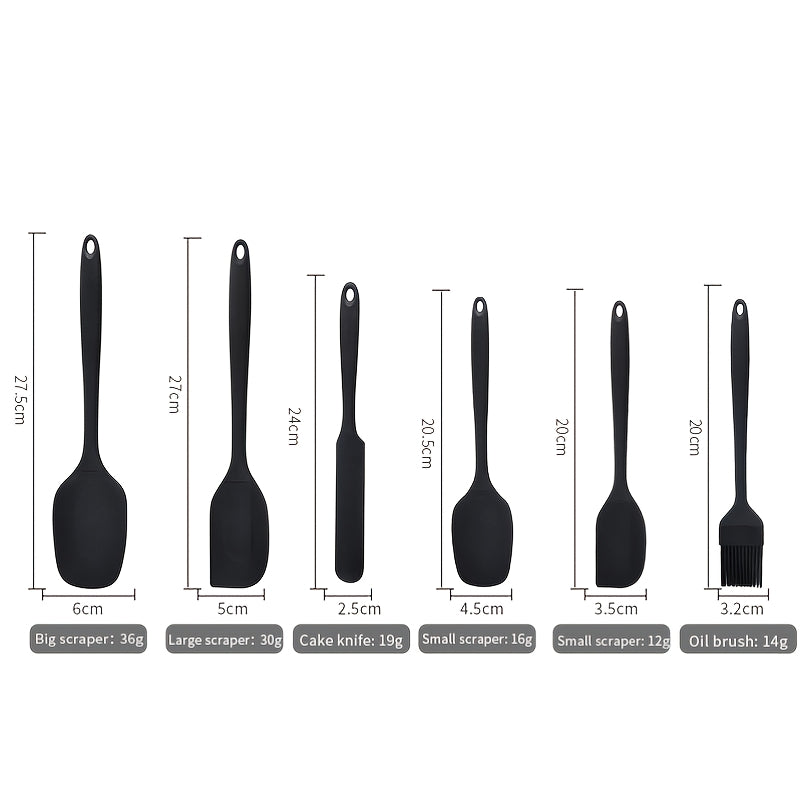 Silicone Baking Utensil Set, Six-Piece Kitchen Tool Selection with Scraper, Spatula and Oil Brush References in Red, Green, Black, Pink or Blue for Cake Preparation