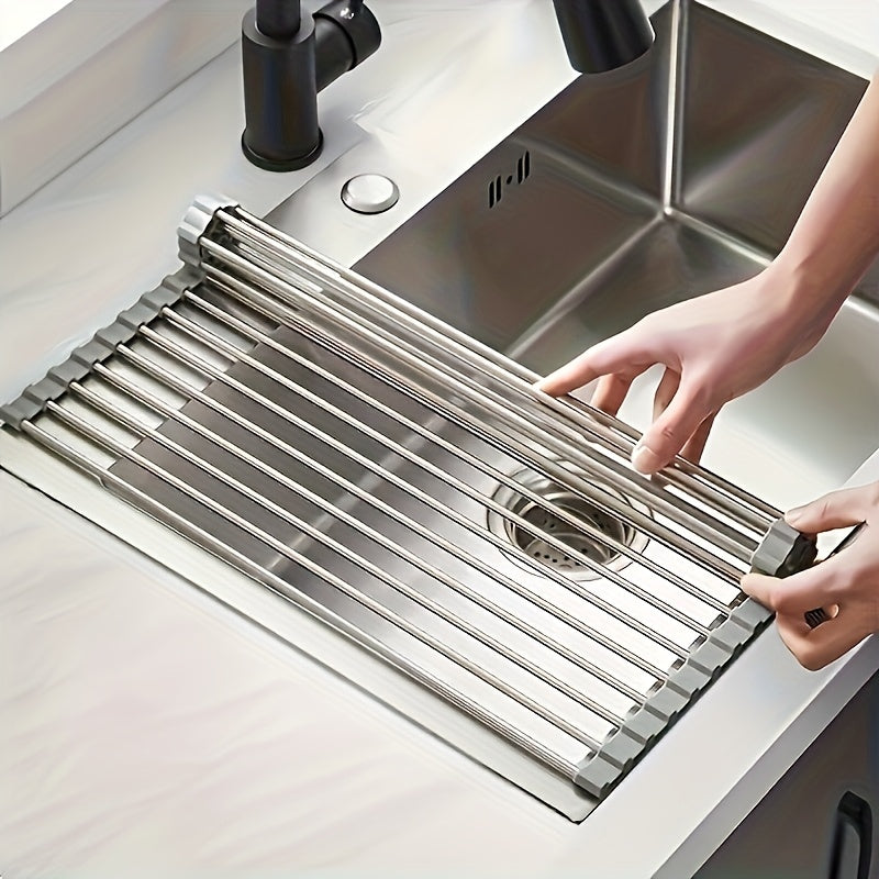 Roll-Up Dish Drying Rack, Stainless Steel Over-the-Sink Draining Mat in Black or Gray, Single-Piece Rollable Kitchen Rack for Tableware and Fruit