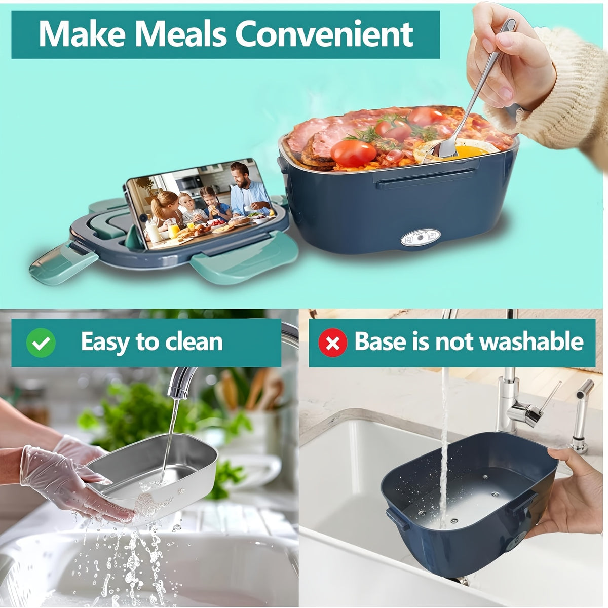 Electric Heated Lunch Box, 3-in-1 Portable Food Warmer with 304 Stainless Steel Container, 12V/24V Vehicle and 120V Home Power, Blue for Work and Travel