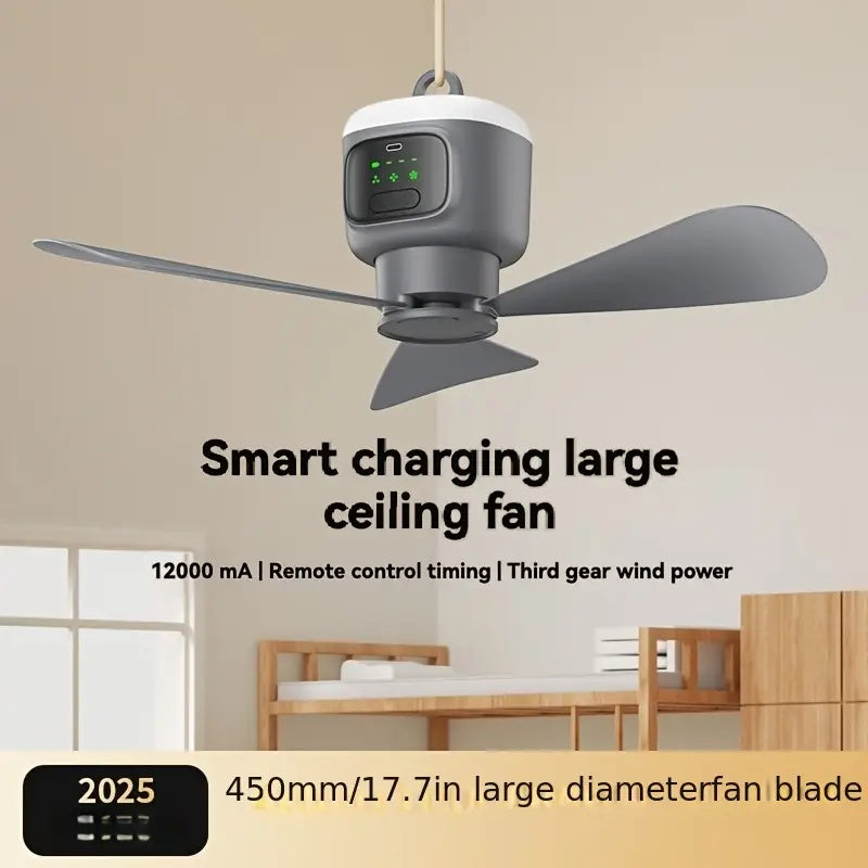 Battery Ceiling Fan with Light and Remote, Grey Gazebo Fan with Four Listed Speeds, 12000mAh Battery Reference and 8-Hour Timer for Compatible Sheltered Setups