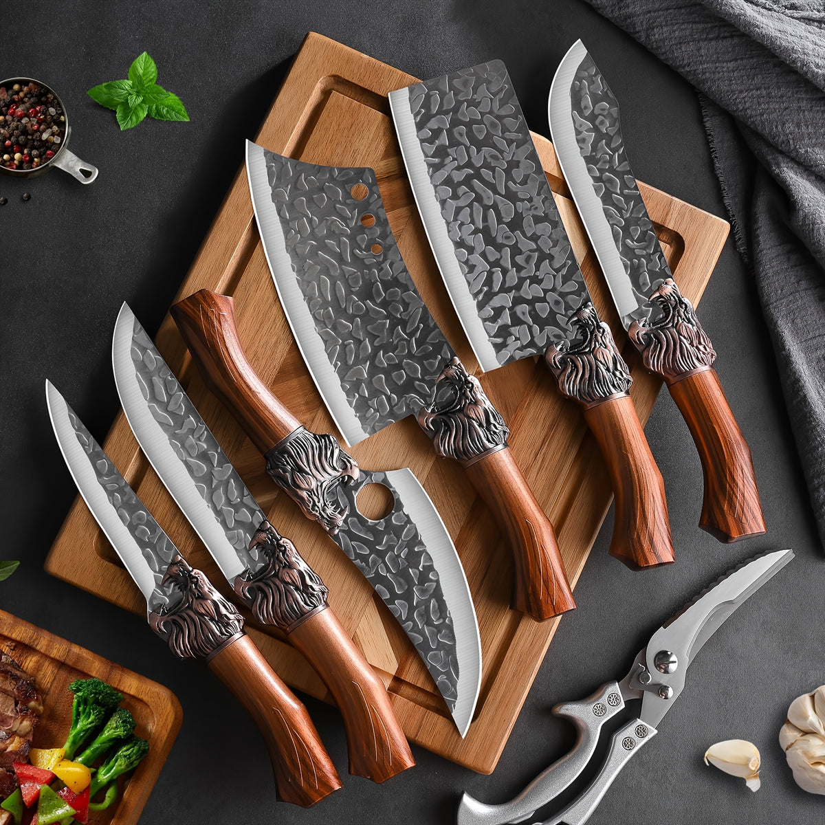 Kitchen Chef Knife Set for Everyday Food Preparation, Listed 5Cr15MoV Steel Blades with PP Handles in Black 3- or 6-Piece and Brown 7-Piece Options