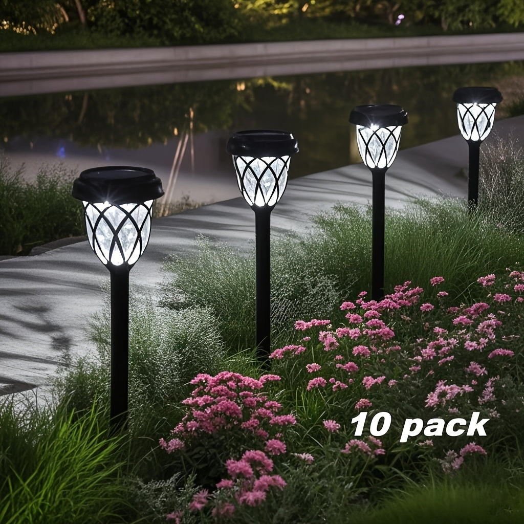 Solar LED Garden Stake Lights with Cross Grid Styling and Listed IP44 Rating, White Light 10-Pack or Warm Light 6-Pack for Yard, Patio and Landscape Accents