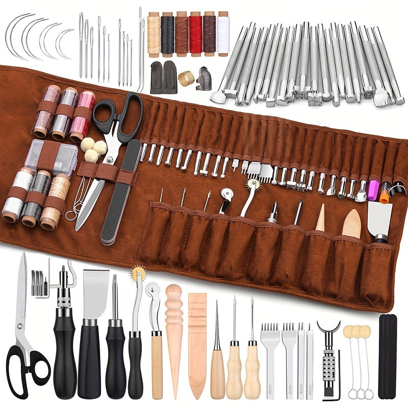 Leather Craft Tool Kit by WUTUREE, Listed 72-Piece Assortment with Faux Leather Storage Bag, Punching and Stamping Tools for Cutting and Hand Sewing DIY Projects