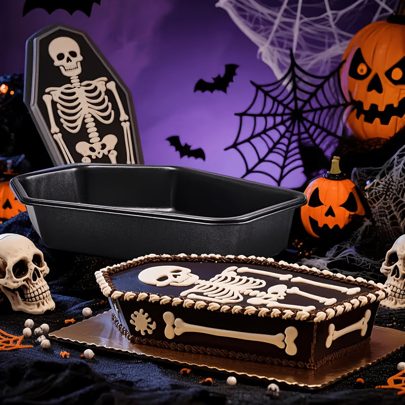 Coffin Cake Pan, 10-Inch Nonstick Carbon Steel Baking Mold with Skull Design Reference for Halloween Party Cakes, Gothic Desserts and Creative Home Baking