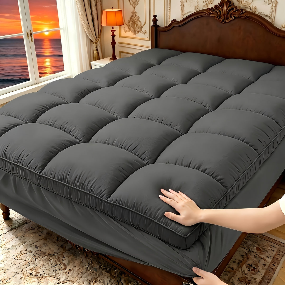 Pillow Top Mattress Pad with Deep Pocket Cover and Listed 7D Spiral Fiber Filling, Twin to California King Bedding with Multiple Color and Bamboo-Labeled Options