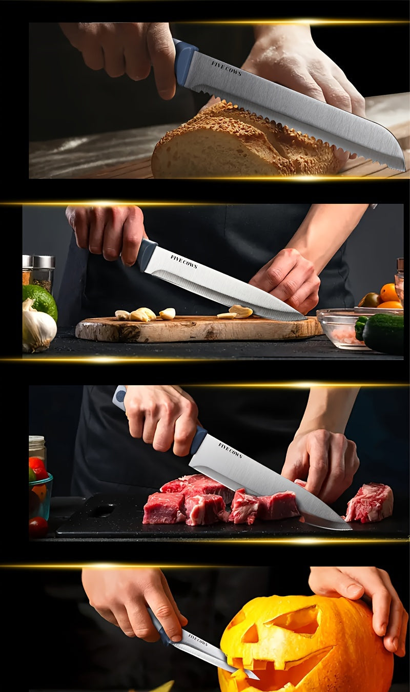 High Carbon Stainless Steel Knife Set with Manual Sharpener and Holder Base, Plastic Handle Kitchen Collection in 14-Piece and 13+1 Color-Labeled Options