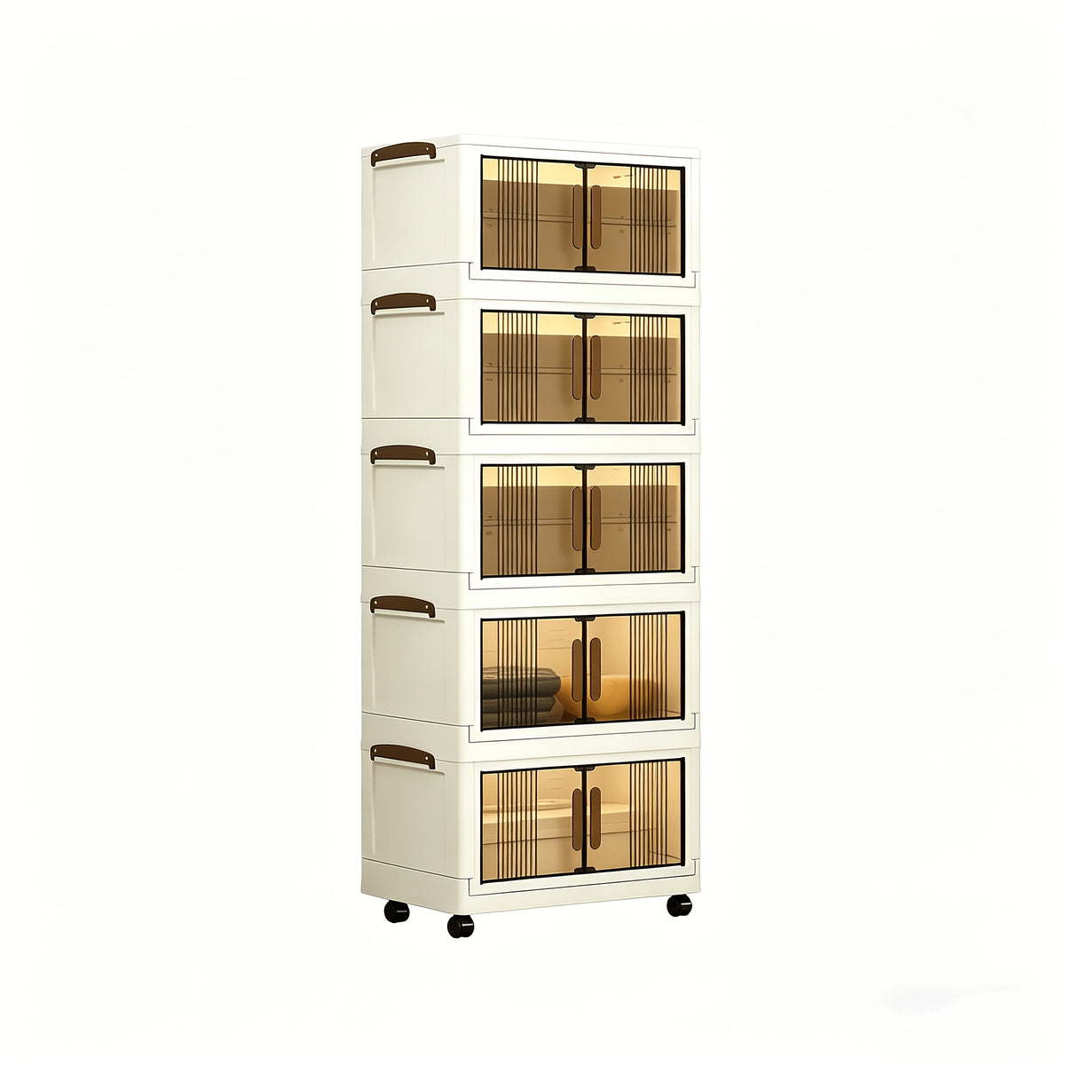 Foldable Plastic Storage Cabinet with Wheels and Transparent Organizer References, White 3pcs, 4pcs or 5pcs Models for Bedroom and Living Room Organization