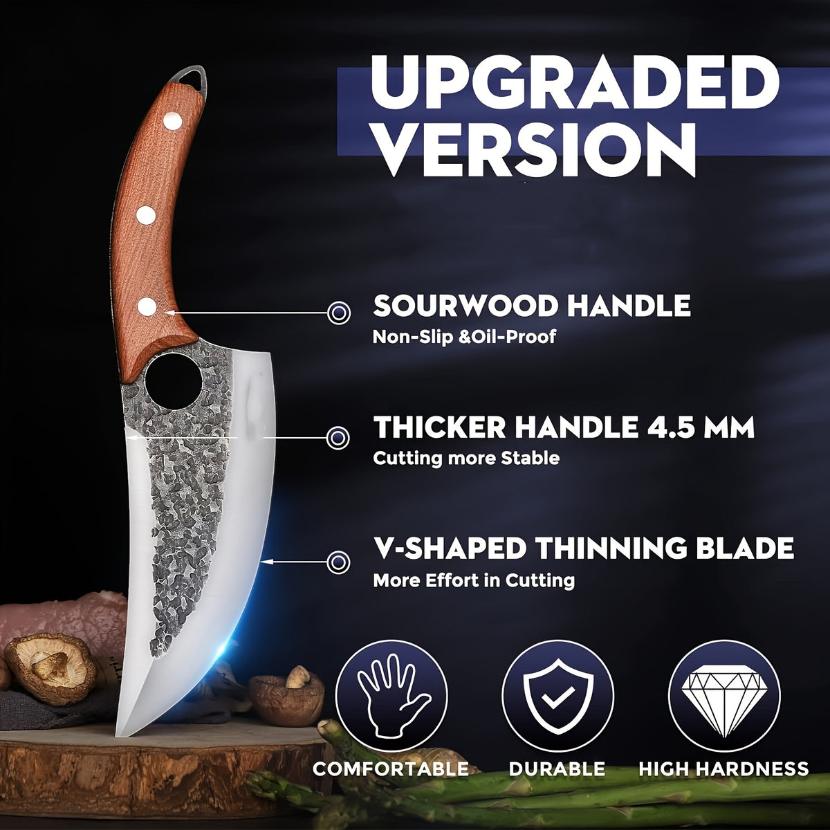 Viking Style Chef Knife with Sheath and Listed Sourwood Handle, Approximately 7-Inch High Carbon Steel Blade for Meat and Vegetable Prep, Camping Cooking and BBQ