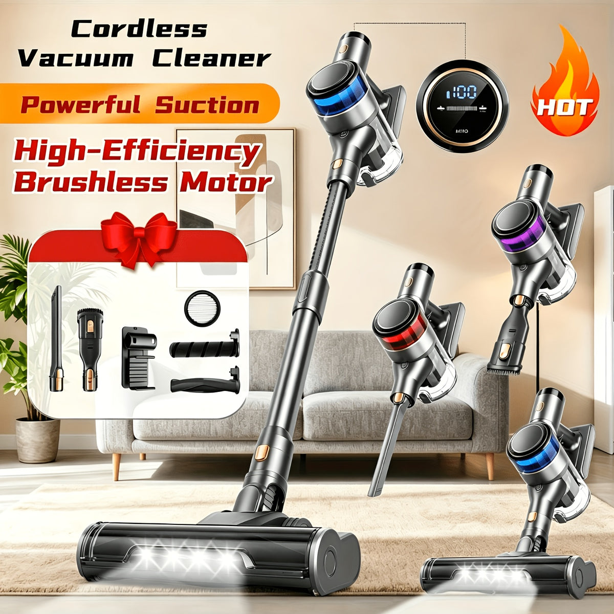 INSE Cordless Vacuum Cleaner, 6-in-1 Rechargeable Home Vacuum with Detachable Battery, LED Brush and 50.5oz Dust Cup for Hardwood, Carpet and Pet Hair