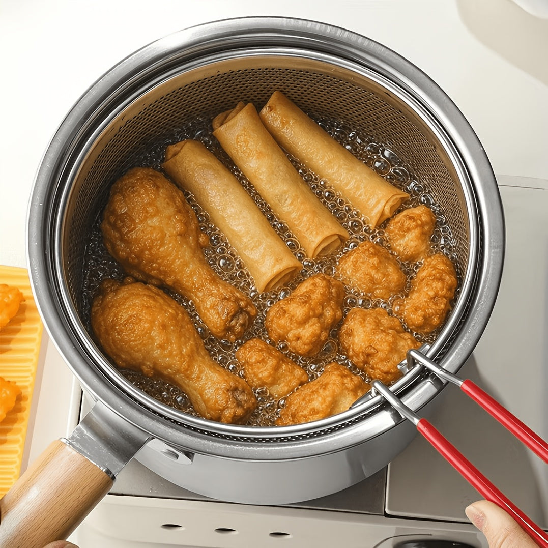 Stovetop Deep Fryer Pot with Frying Basket and Glass Lid, Listed 304 Stainless Steel Tempura Cookware for Fish, Shrimp, Chicken and Fries on Induction or Gas