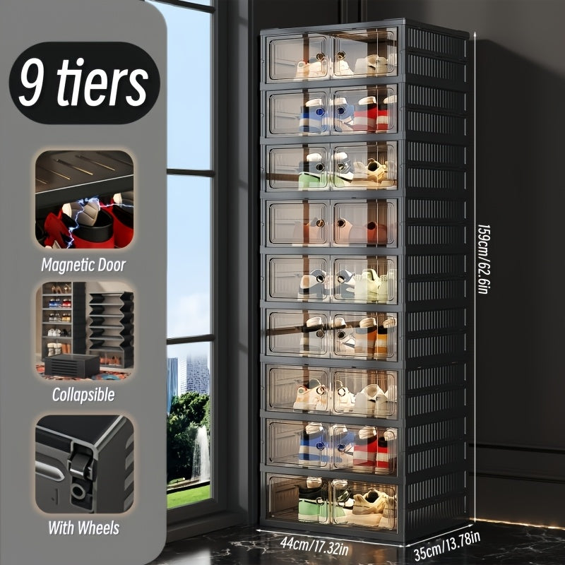 Foldable Shoe Cabinet with Clear Magnetic Doors, Tool-Free One-Piece Design and Listed 3, 6 or 9-Tier Options for Entryway and Hallway Storage