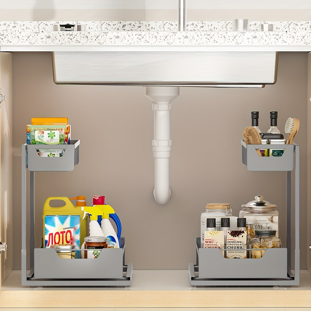 Two-Tier Sliding Under Sink Organizer for Kitchen and Bathroom Cabinets, Metal Pull-Out Storage Rack in Black, White or Gray with Single and Two-Pack Options