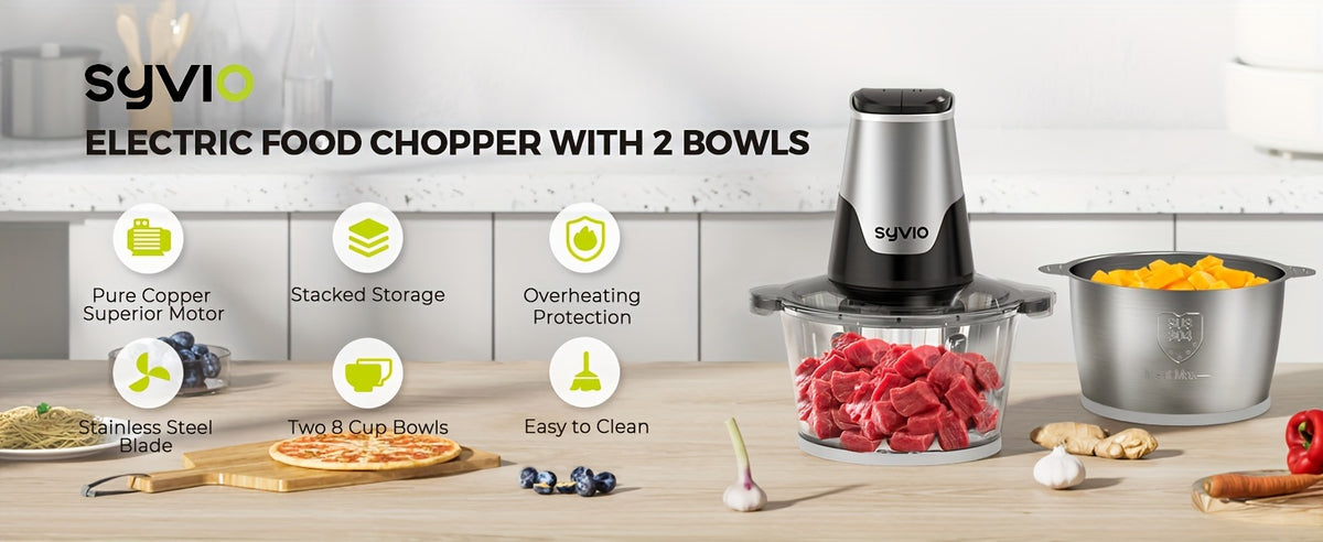 450W Two-Bowl Food Processor with Two Speed Settings and Four Bi-Level Blades, Electric Meat and Vegetable Chopper for Onions and Everyday Meal Prep