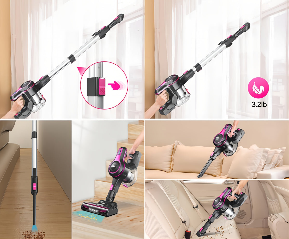 INSE Cordless Vacuum Cleaner, 6-in-1 Rechargeable Home Vacuum with Detachable Battery, LED Brush and 50.5oz Dust Cup for Hardwood, Carpet and Pet Hair