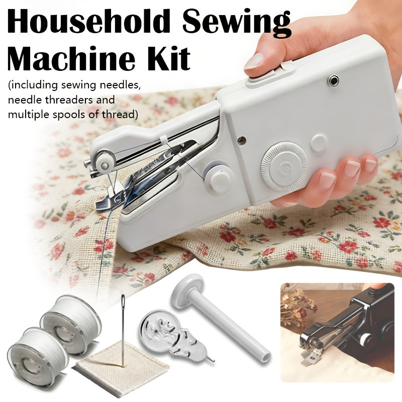 Handheld Sewing Machine Kit in Black or White, Battery-Powered Portable Fabric Tool with Needle, Threader, Spool Pin, Fabric Sample and Two Bobbins for Sewing Tasks