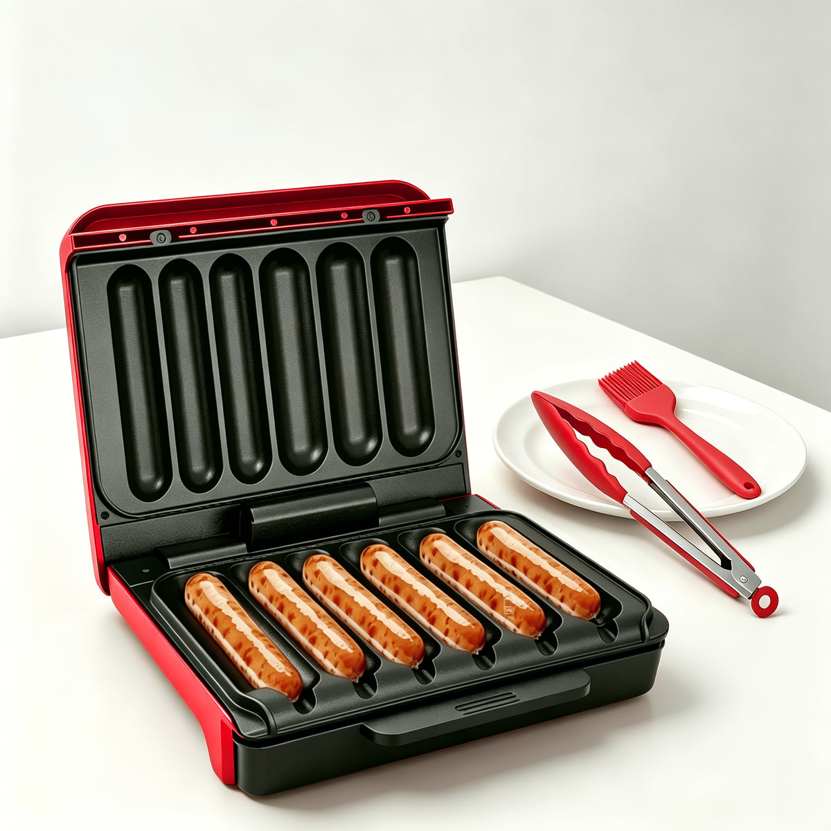 Six-Slot Electric Hot Dog Maker, Nonstick Sausage Grill with Grease Drip Tray, Power and Ready Indicator Lights, Cord Storage for Breakfasts and Snacks