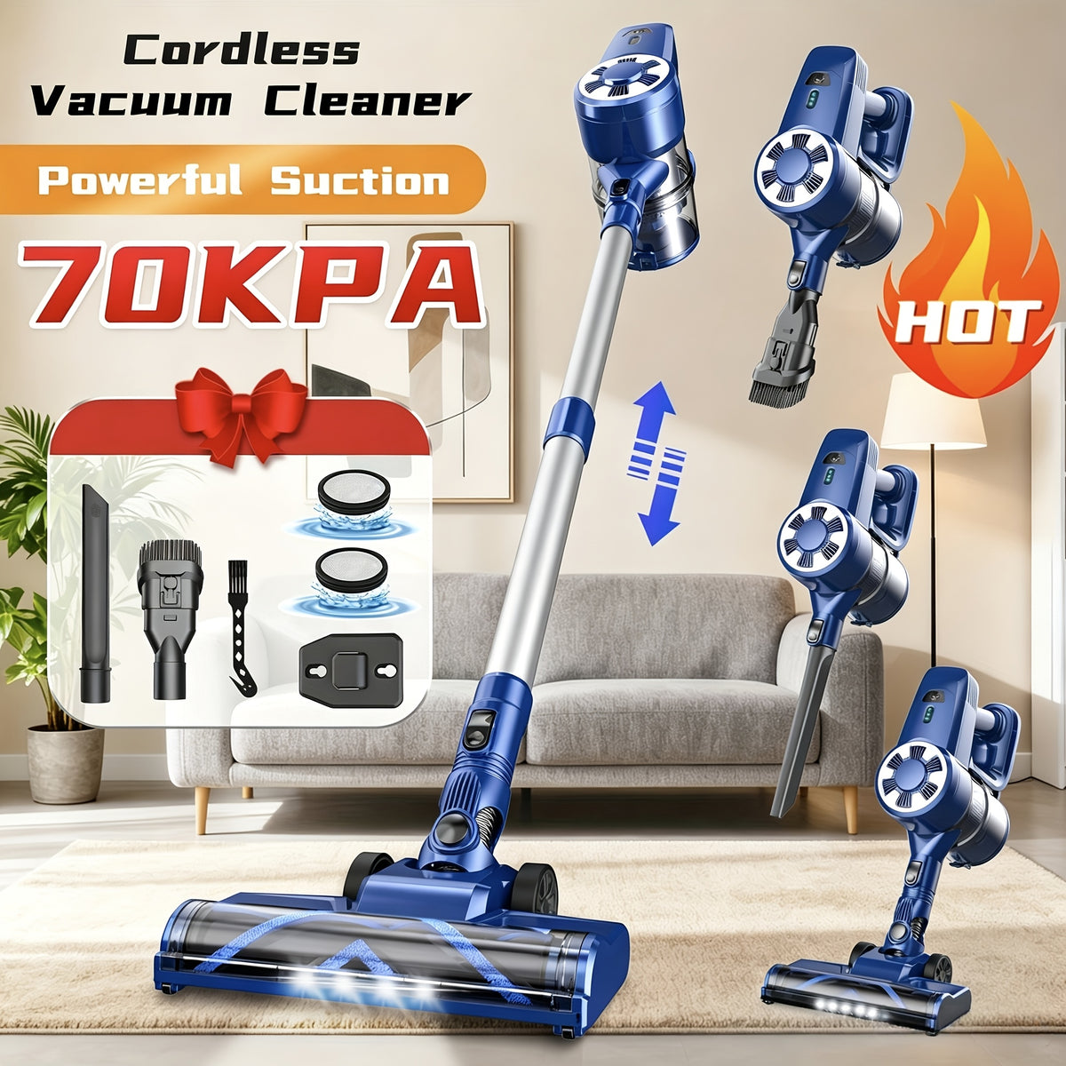 INSE Cordless Vacuum Cleaner, 6-in-1 Rechargeable Home Vacuum with Detachable Battery, LED Brush and 50.5oz Dust Cup for Hardwood, Carpet and Pet Hair