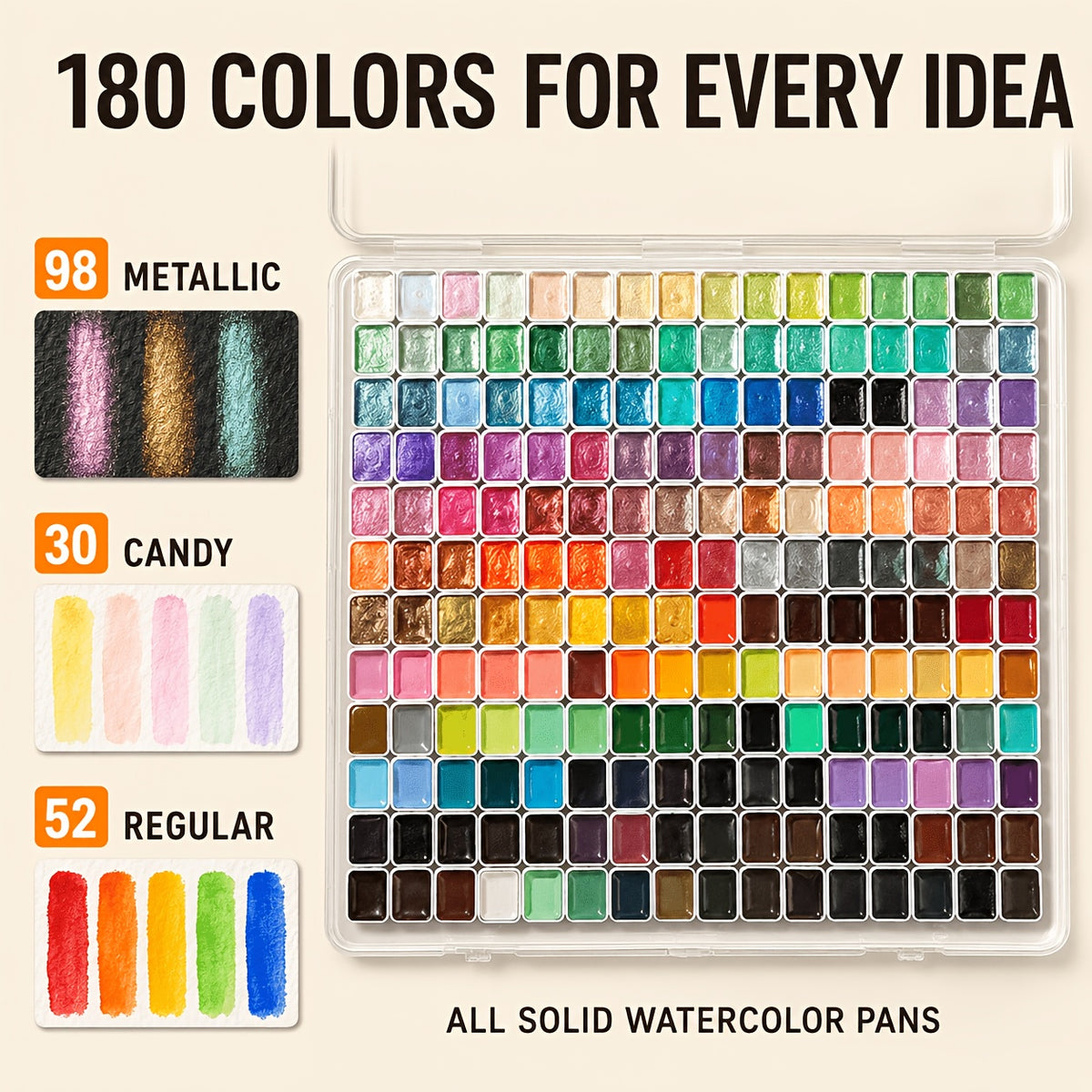 Pearl Shimmer Watercolor Paint Set with 180 Solid Colors and Listed Metallic Color-Shifting Effects for Adult Artist Sketches, Handmade Cards and Paper Crafts
