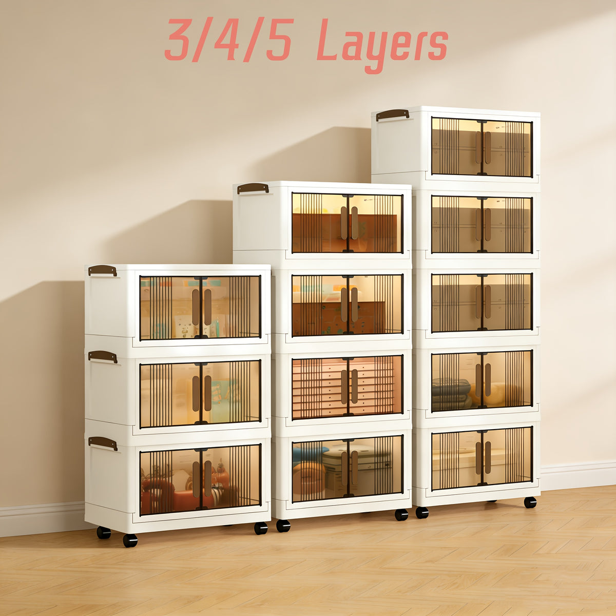 Foldable Plastic Storage Cabinet with Wheels and Transparent Organizer References, White 3pcs, 4pcs or 5pcs Models for Bedroom and Living Room Organization