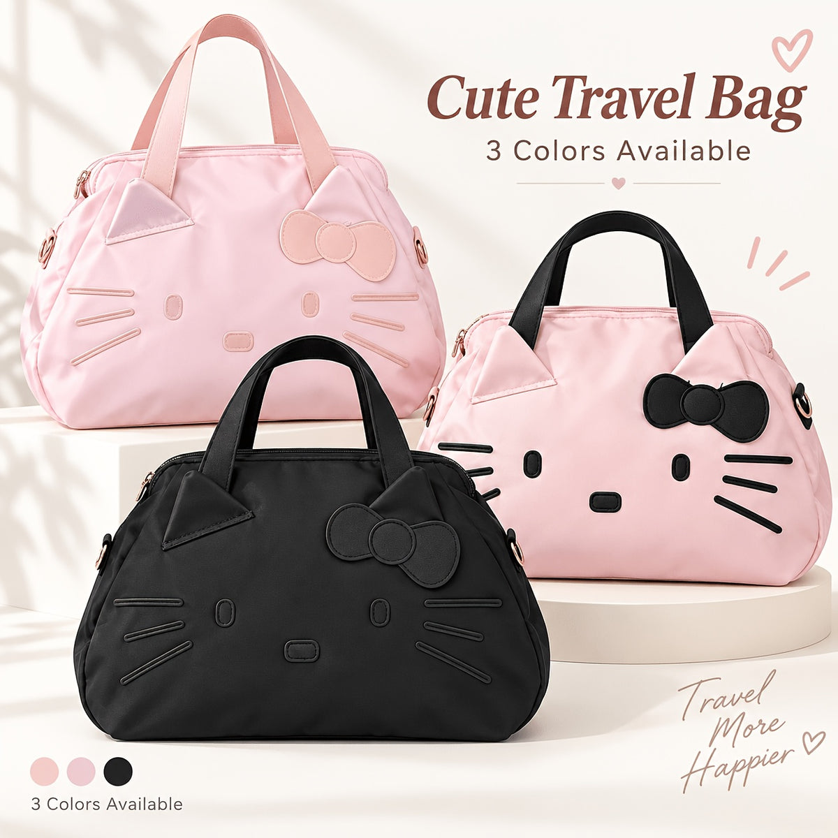 Bow Decorated Nylon Tote Bag with Hello Kitty Theme, Shoulder and Crossbody Carry for Daily Commutes, Gym Visits and Weekend Travel