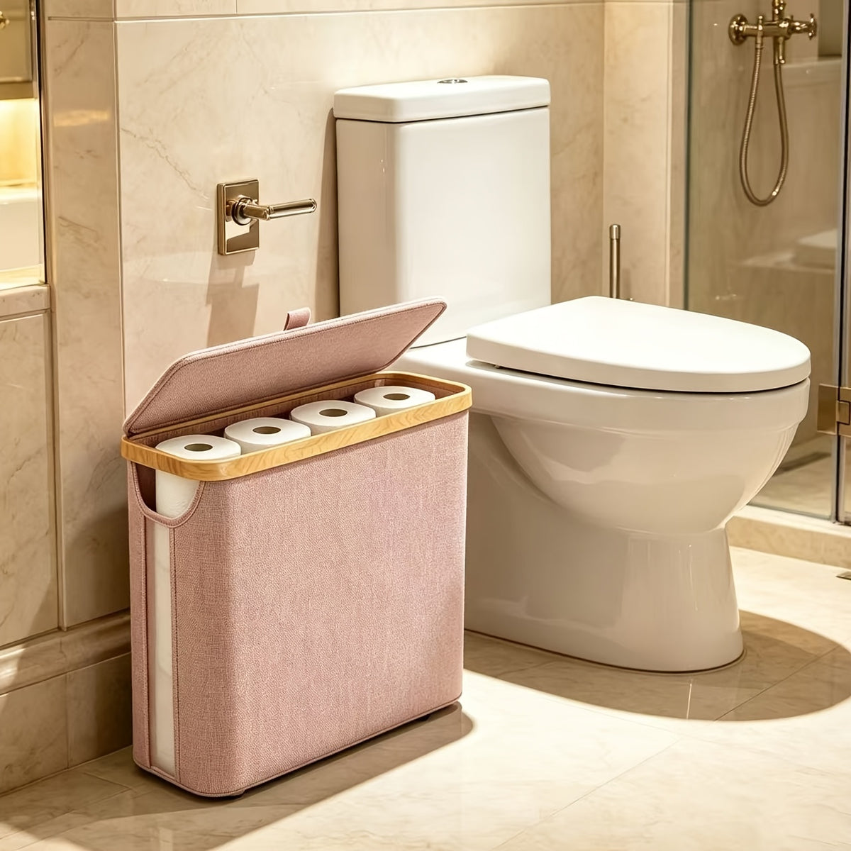 Toilet Paper Storage Basket with Bamboo and 600D Oxford Cloth References, Listed 9–12 Roll Capacity Bathroom Organizer in Five Color Options