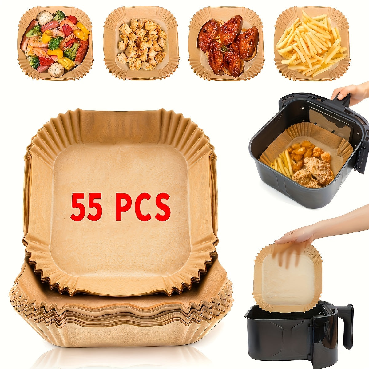 Square Air Fryer Paper Liners in 55, 110 or 220-Piece Packs, Disposable Nonstick Parchment for Compatible Basket Cooking, Baking and Everyday Meal Preparation