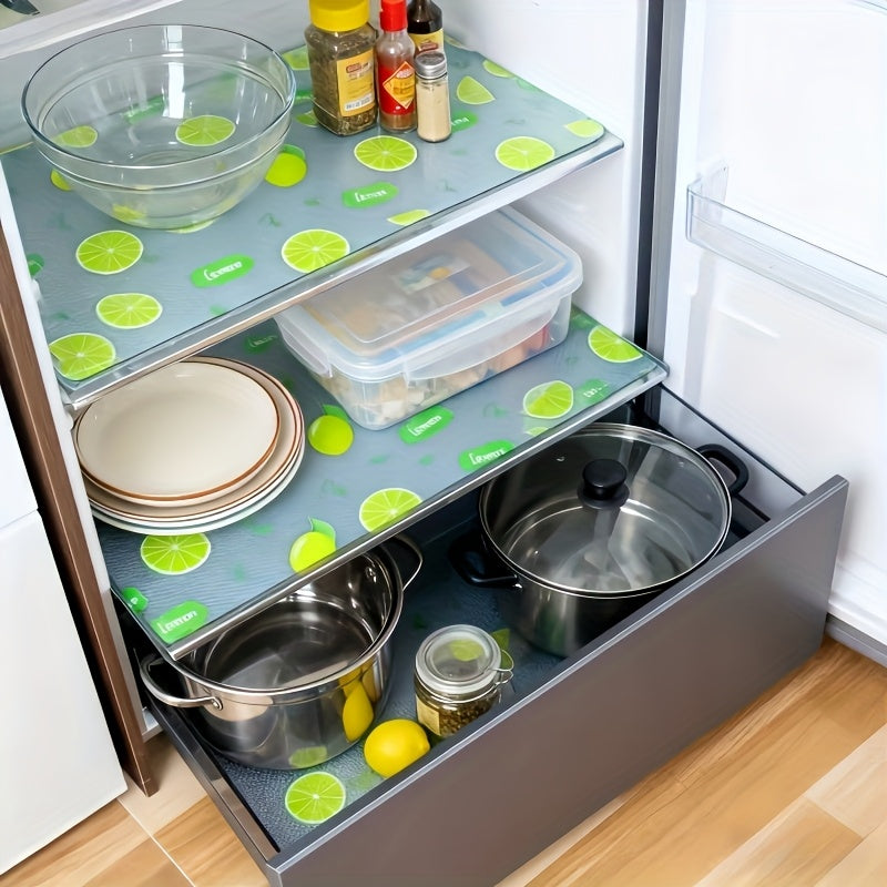 Lemon Pattern Refrigerator Liners in EVA, Four-Piece Washable Reusable Shelf Mat Set for Compatible Kitchen Drawers, Cabinets and Fridge Organization