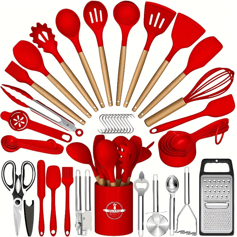 Silicone Cooking Utensil Set, 37 or 44-Piece Kitchen Tool Options in Five Colors for Beginner Cooks, Everyday Meal Preparation and Housewarming Gifts