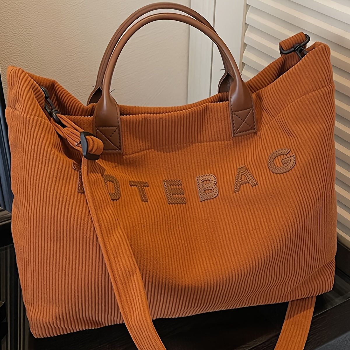 Corduroy Crossbody Tote Bag for Women with Adjustable Strap and Listed Hook-and-Loop Closure, Solid Color Shoulder Handbag for Commuting, Shopping and Casual Travel