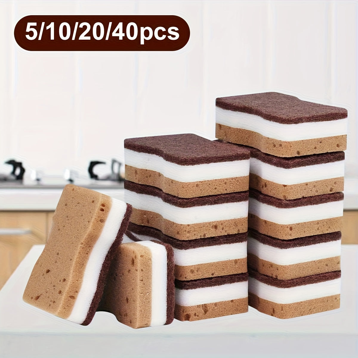 Three-Layer Dishwashing Sponges with Seaweed Waist Sponge Labels, 5, 10, 20 or 40-Piece Packs for Compatible Dishes and Everyday Kitchen Surface Cleaning