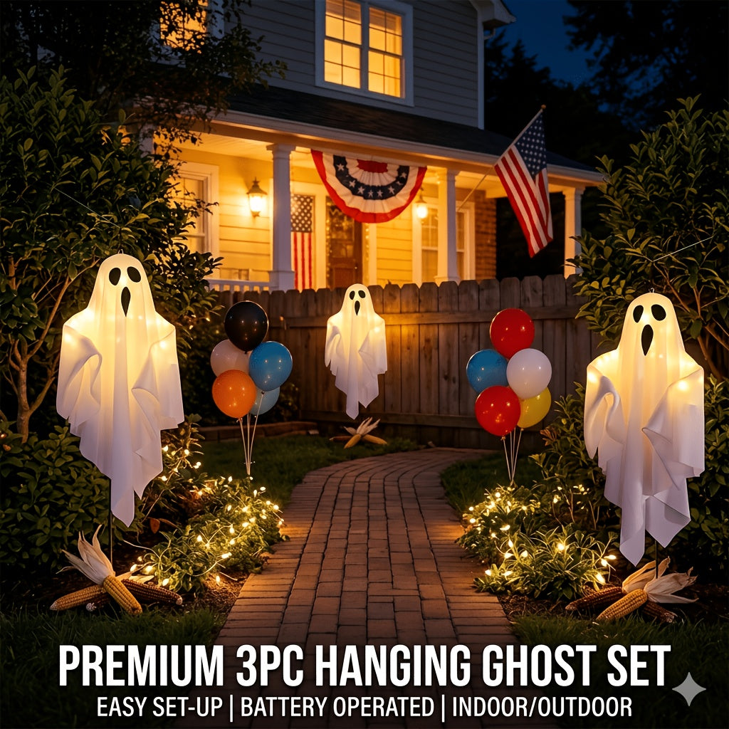 LED Hanging Ghost Decorations 3-Pack, Listed 20-Inch White Polyester Halloween Ghosts for Indoor Parties and Suitable Porch, Tree and Yard Displays