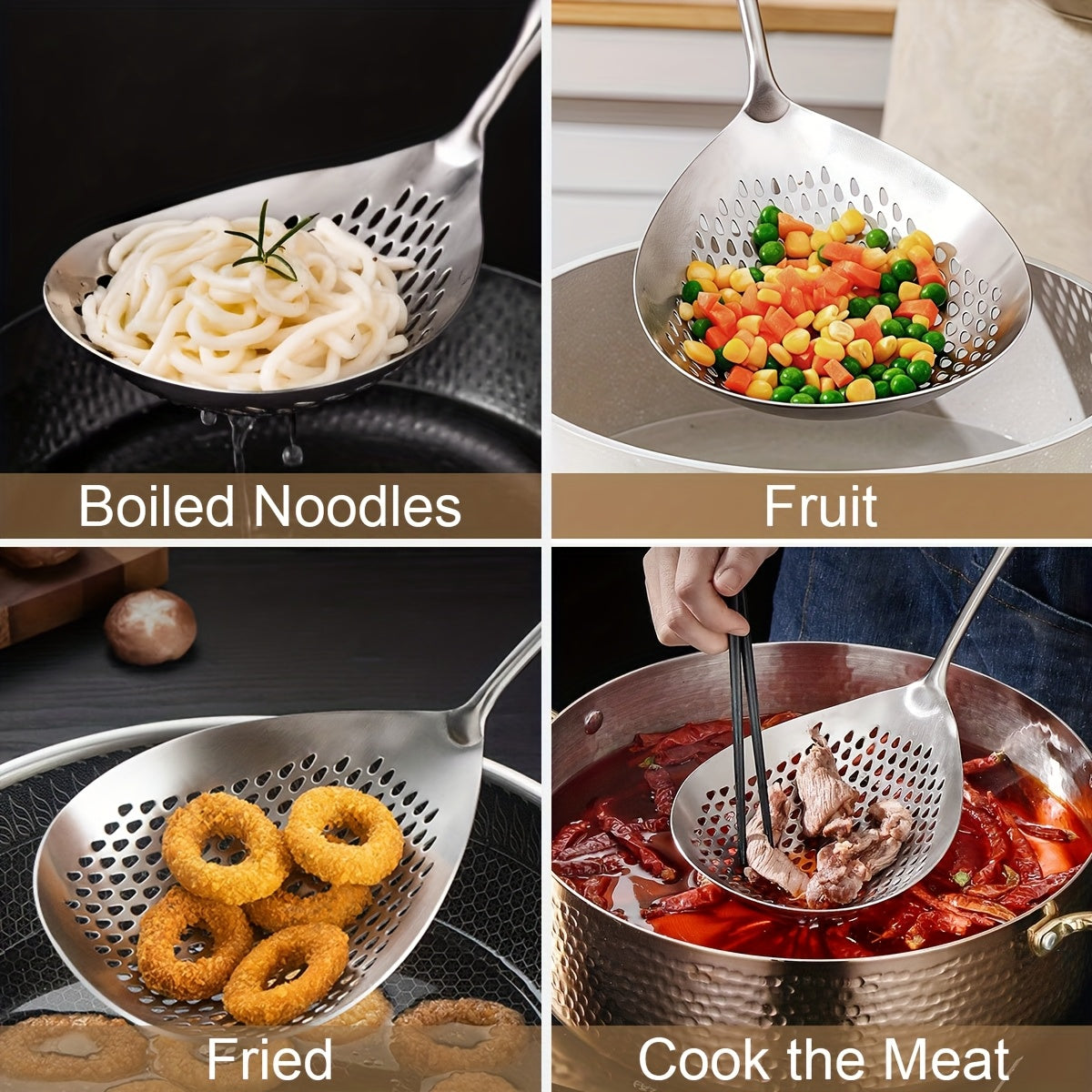 Stainless Steel Skimmer Strainer for Frying and Hot Pot, Large Kitchen Draining Tool with Dishwasher-Safe Design in 1 or 2-Piece Options for Home and Restaurant Use