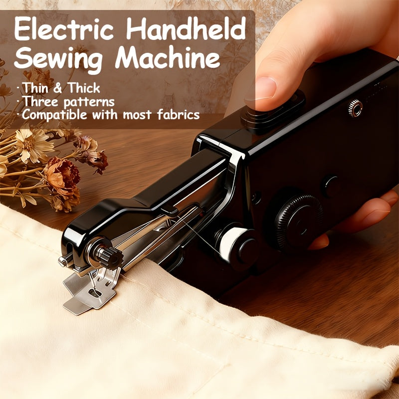 Handheld Sewing Machine Kit in Black or White, Battery-Powered Portable Fabric Tool with Needle, Threader, Spool Pin, Fabric Sample and Two Bobbins for Sewing Tasks