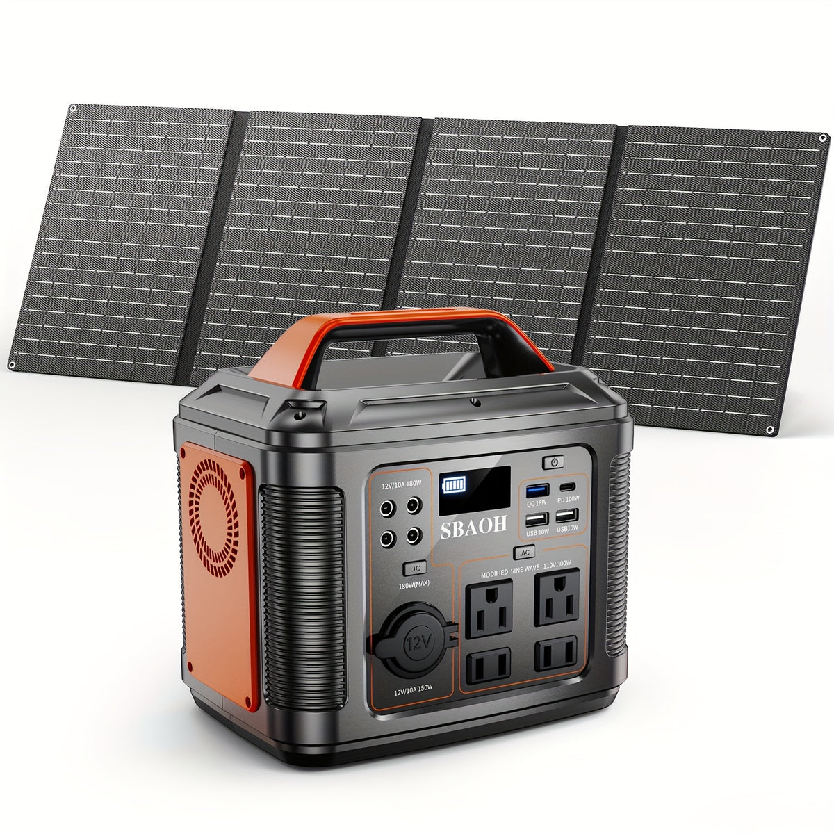 Portable Power Station 300W by SBAOH with Listed 296Wh Lithium-Ion Battery, 100W PD and Digital Display in Orange or Blue with Optional Solar Panel Package
